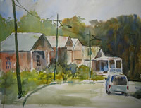 watercolor of houses and car